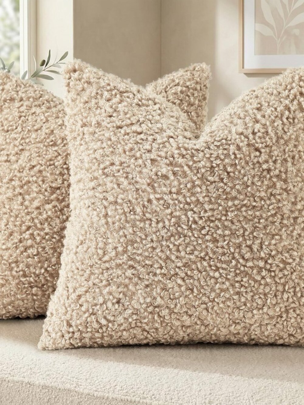Sherpa Throw Pillow Covers 18x18 Set of 2 Neutral Oatmeal